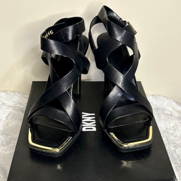 DKNY Black & Gold Strappy Heels - Picture 1 of 5